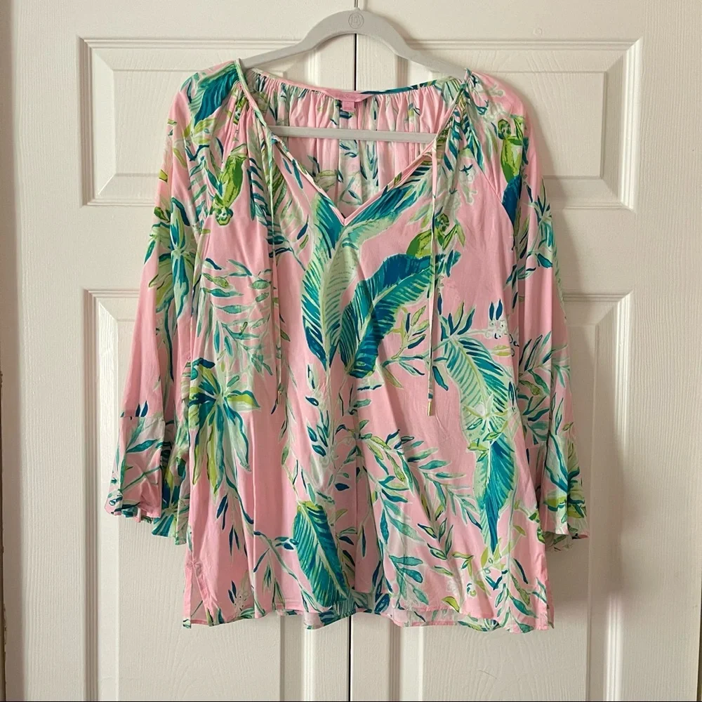 Lilly Pulitzer Pink Tropical Leaf Ruffle Blouse - Picture 2 of 5